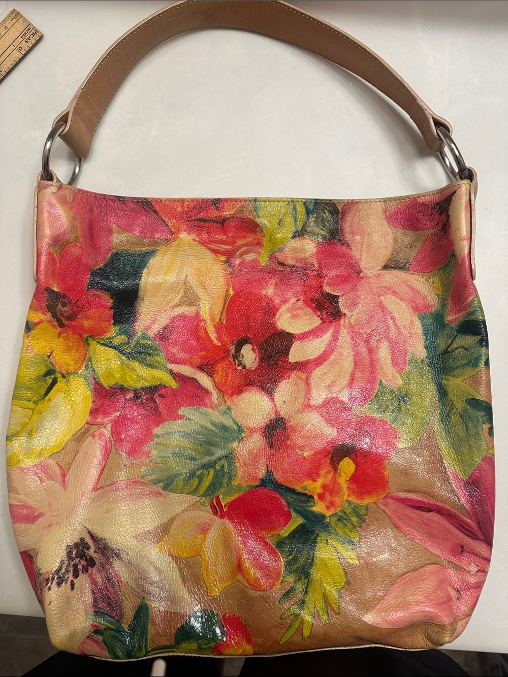 Maurizio Taiuti Floral Leather Shoulder Bag in Yellow, Pink and Green - Picture 7 of 9